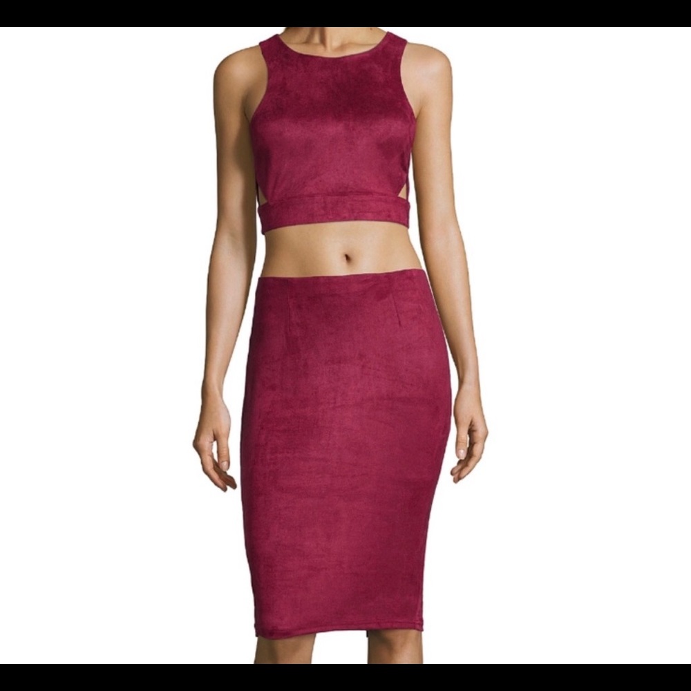Burgundy Suede Two Piece Skirt Set
